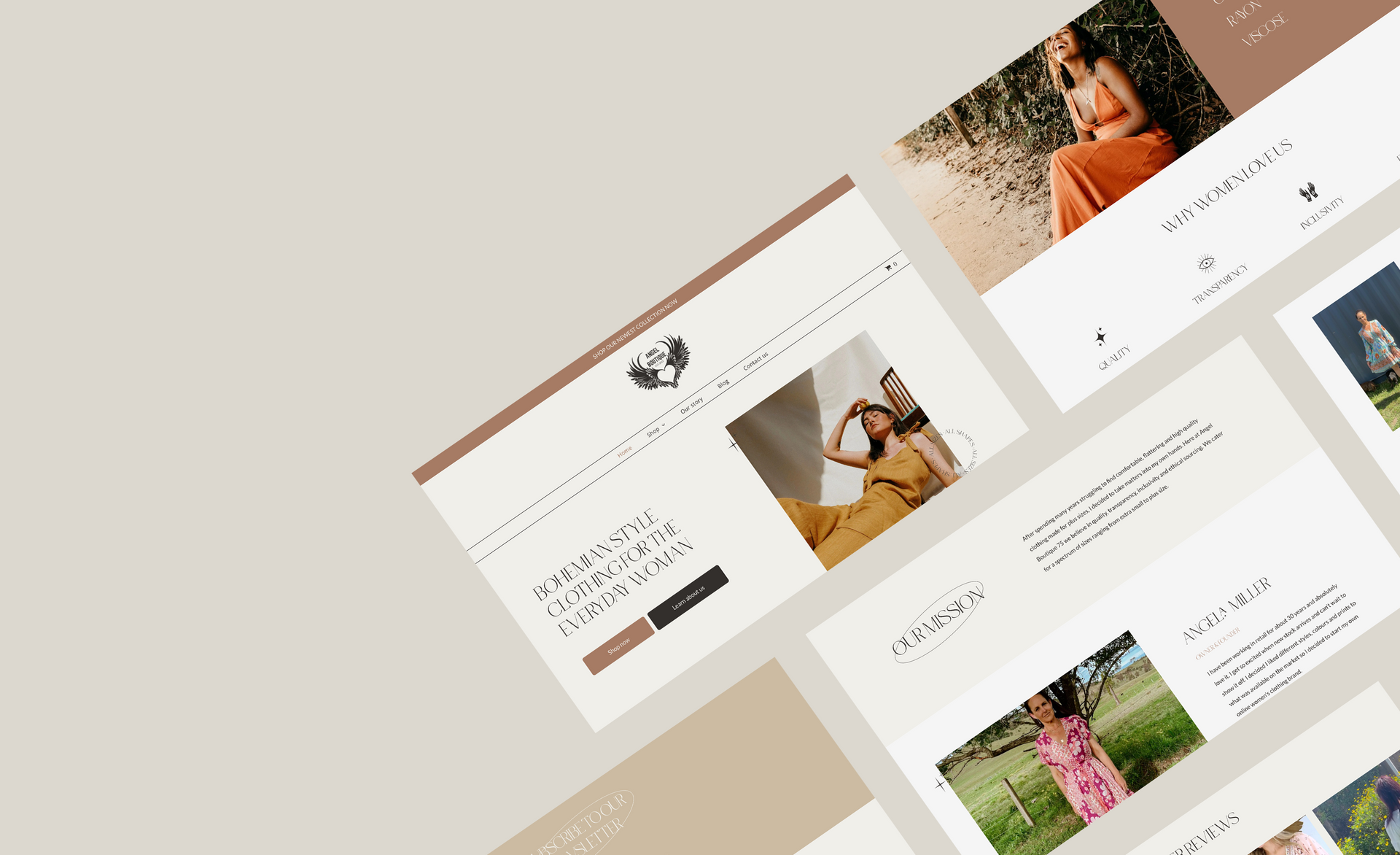 Screen UI mockups scattered across beige background of the Angel Boutique 75 website design.