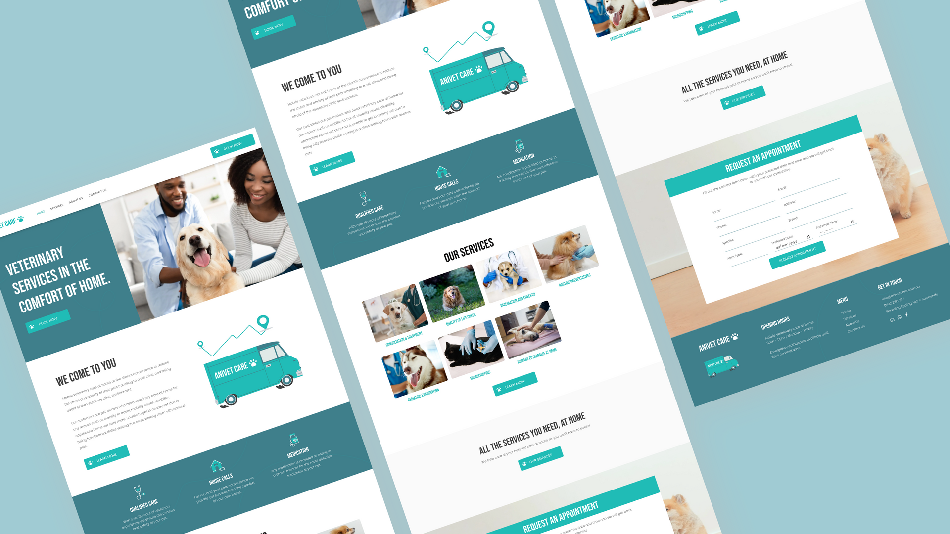 A bunch of screenshots of a website on a blue background.