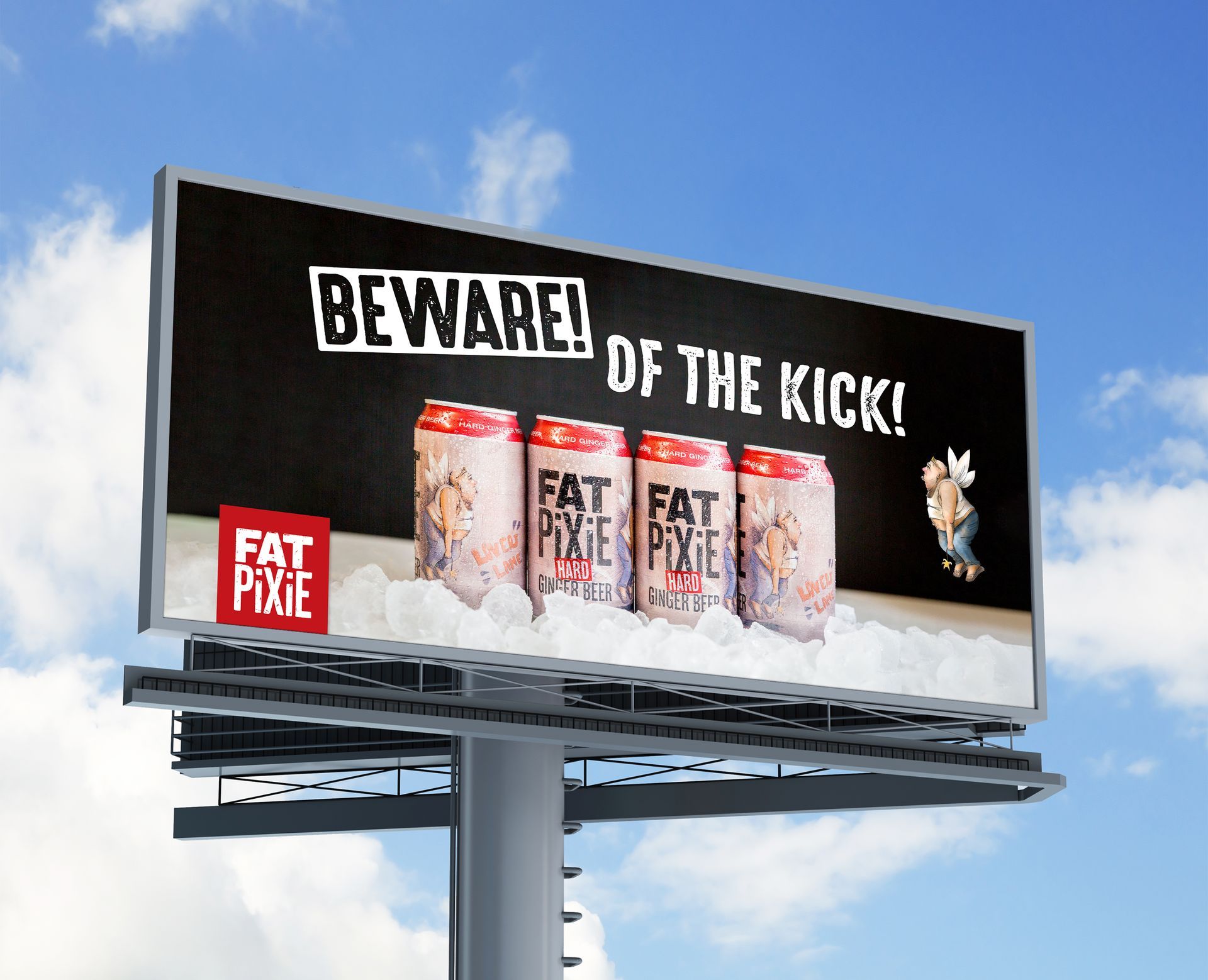 billboard with sky in background with graphic of drink cans in ice with title 