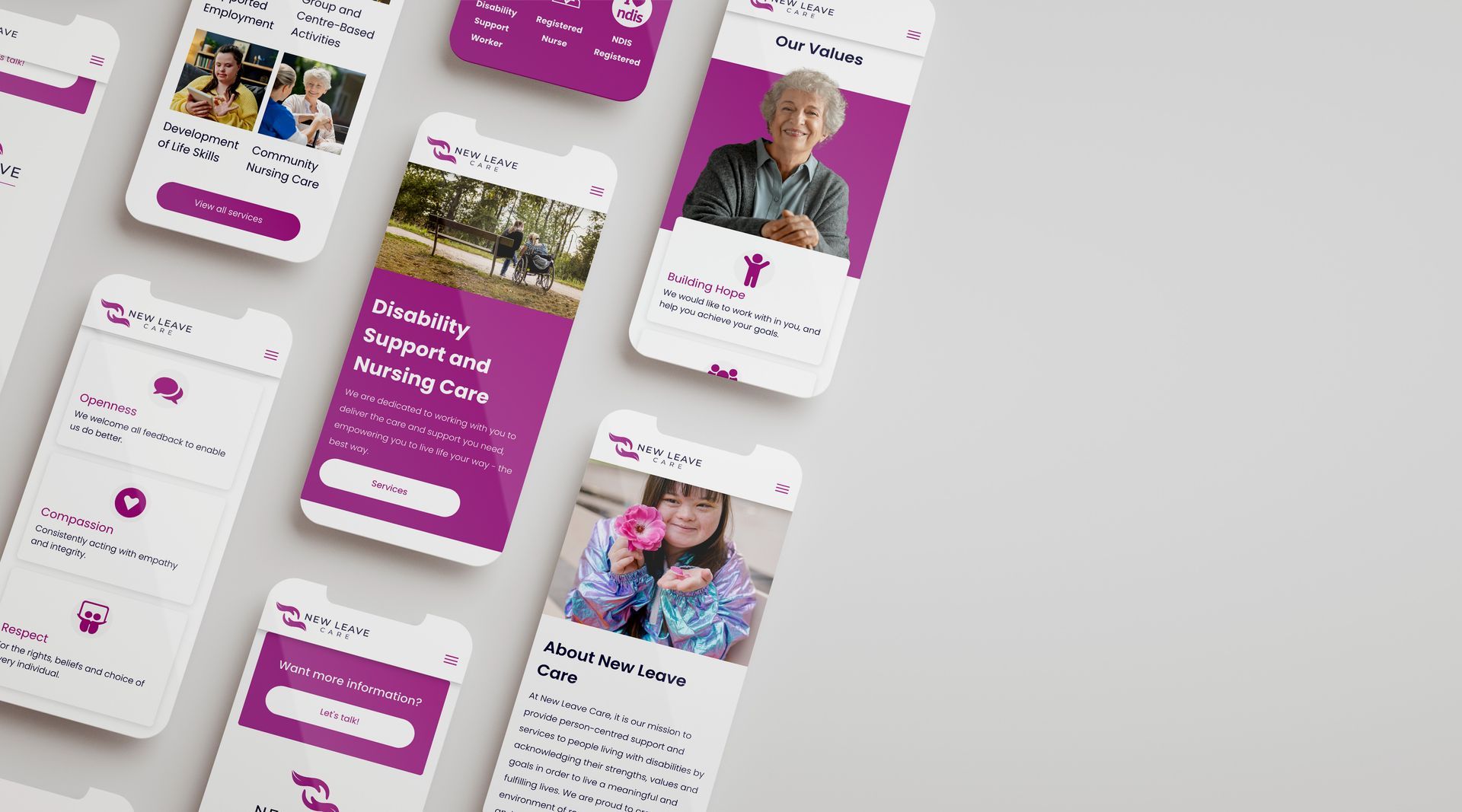 Mobile screens laid out on grey background showing New Leave Care website pages in a mobile format.