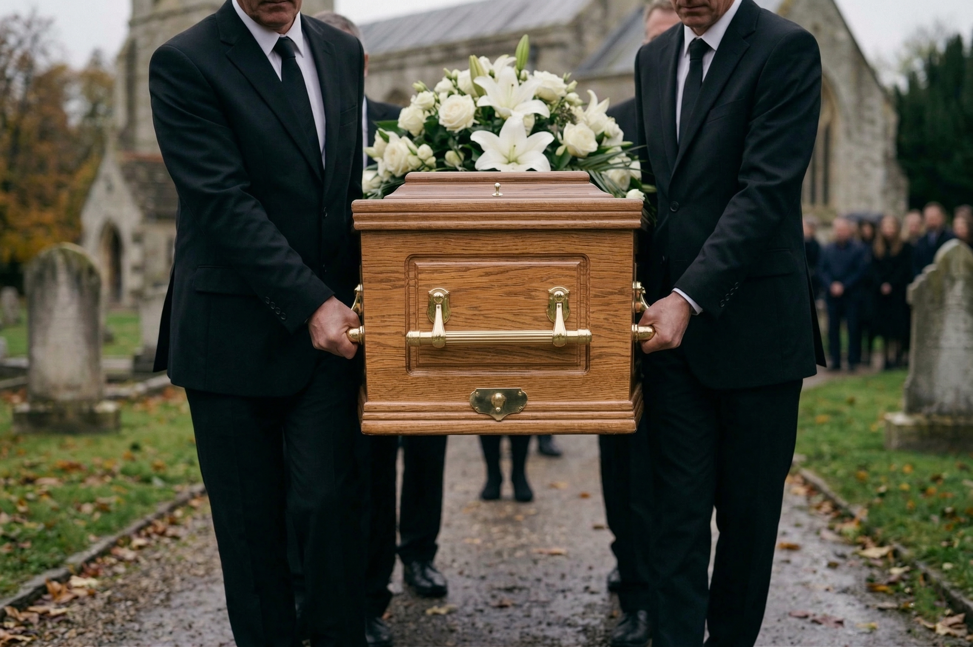 Two people in dark suits carry a wooden casket topped with white flowers through a cemetery toward a stone church.
