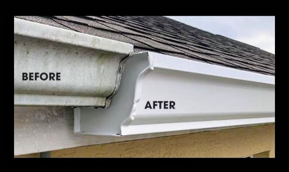 A before and after picture of a gutter on a house.