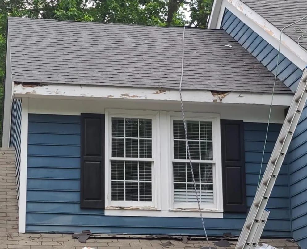 A blue house with black shutters and a ladder in front of it