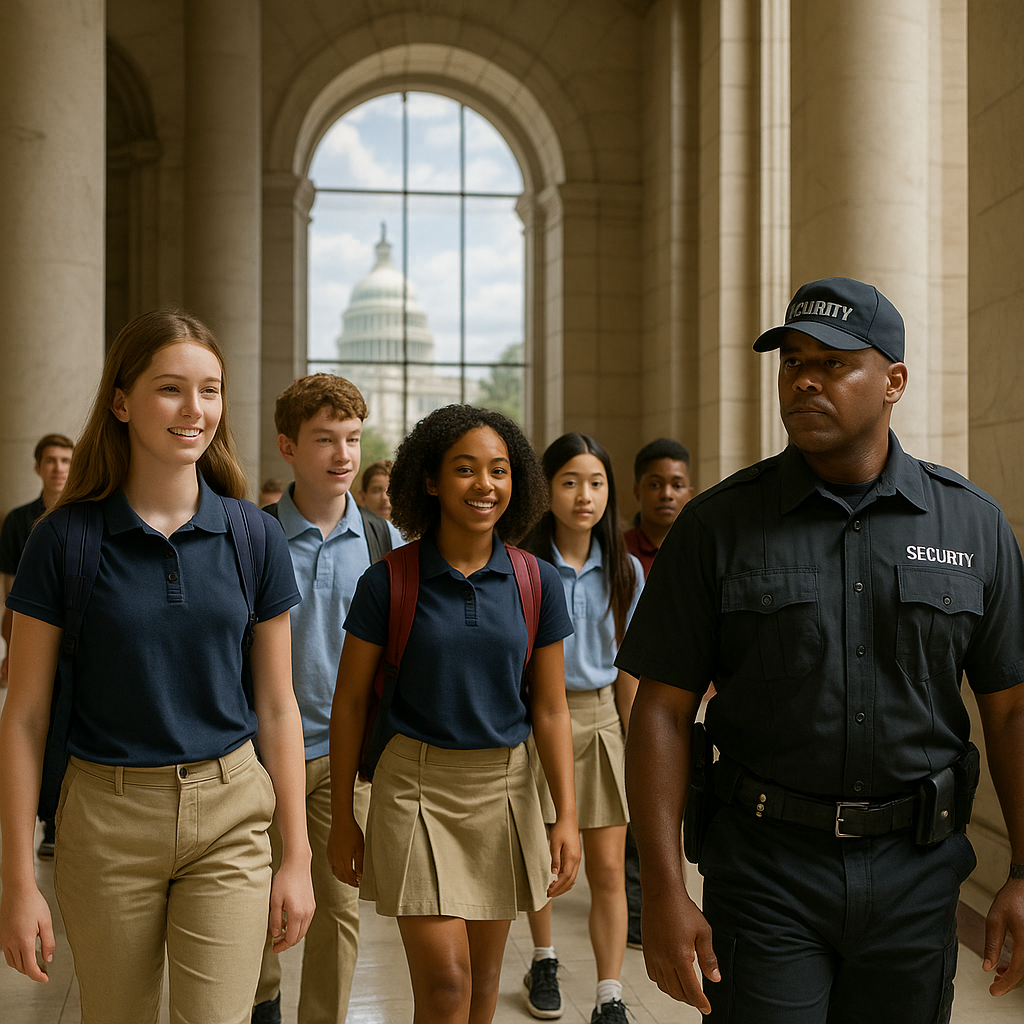 security guard with student tour group at hotel