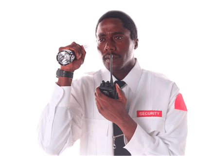 A security guard is holding a flashlight and a walkie talkie