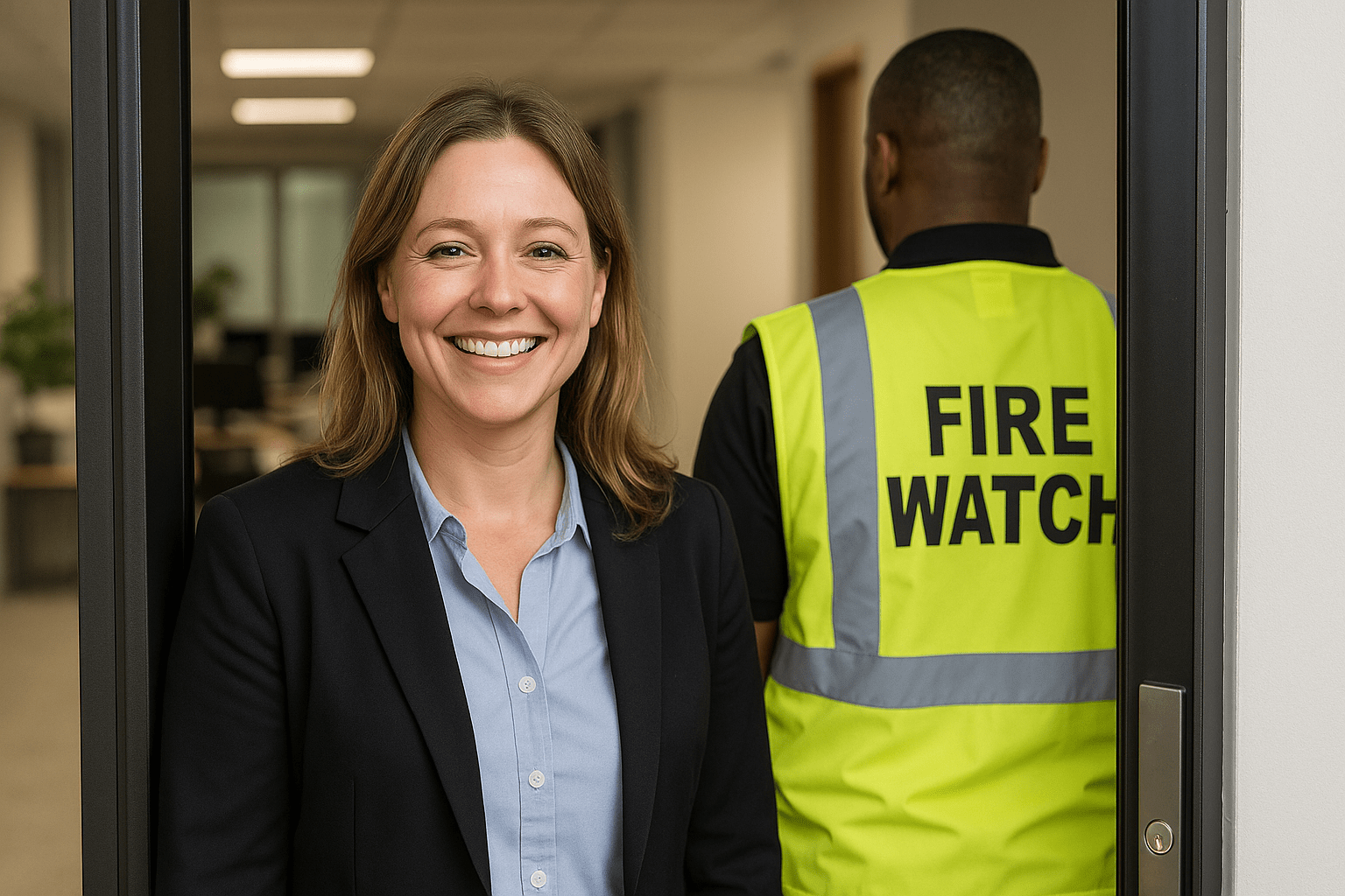 happy property manager with fire watch patrol officer