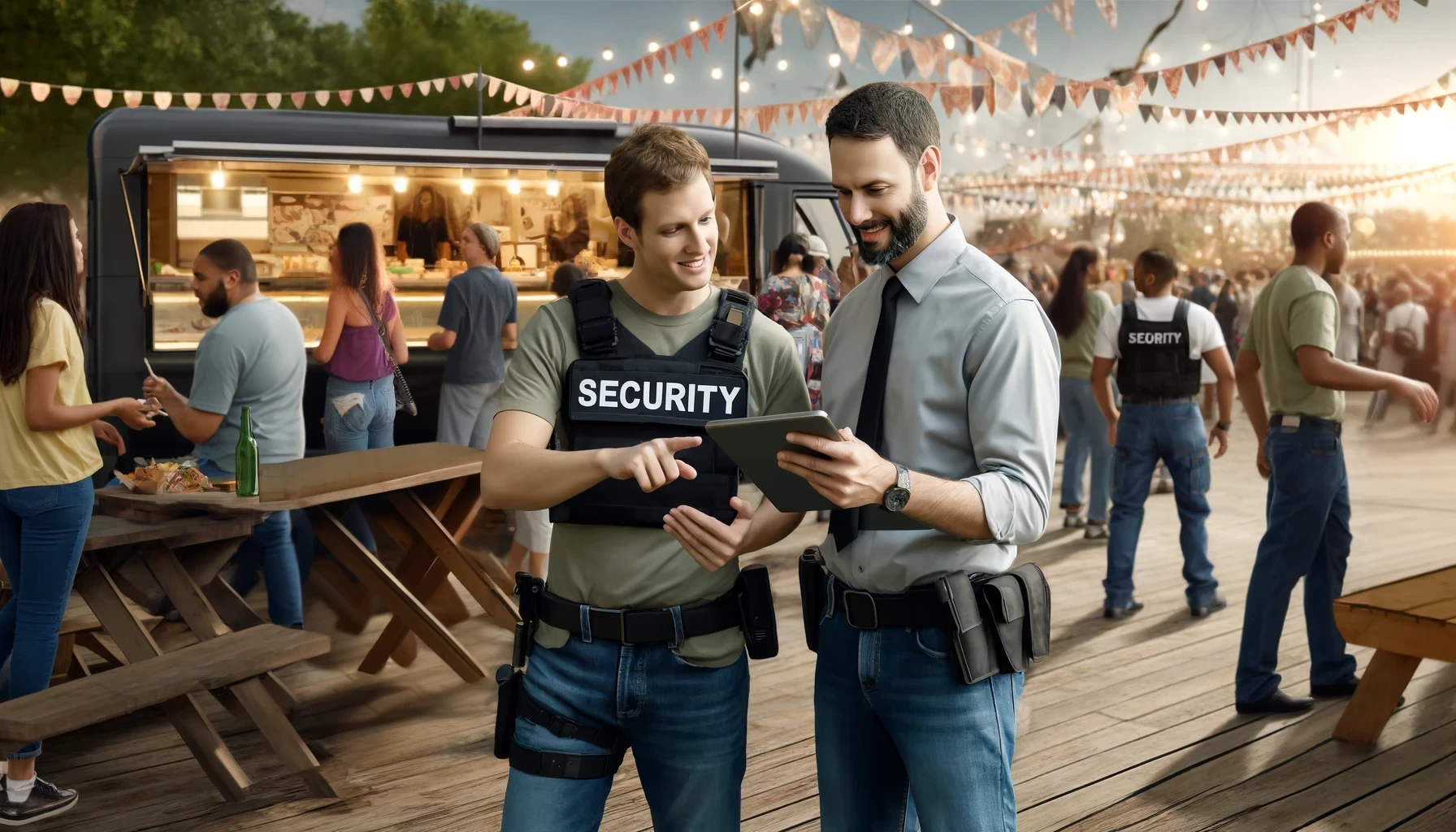 Two security guards are looking at a tablet at a festival.