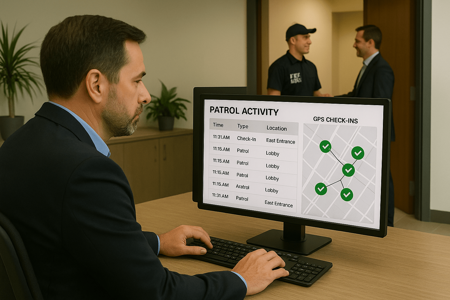 security manager watching patol tracking reports