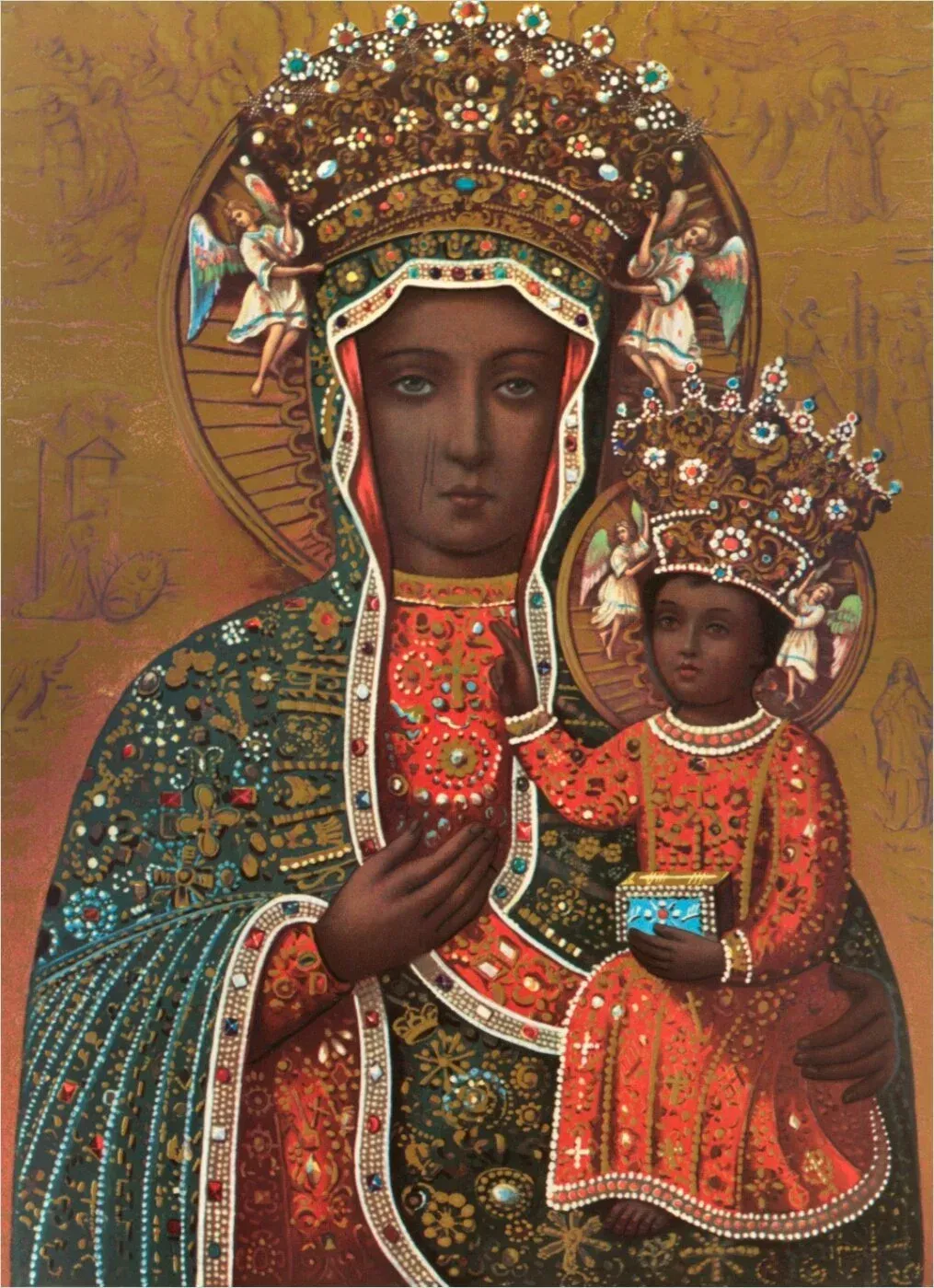 Ornate icon of a crowned figure holding a child, both richly dressed against a warm gold background