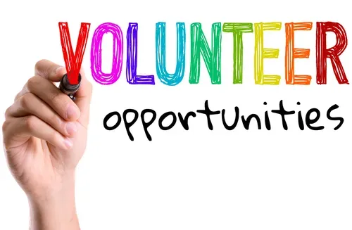 Hand writing colorful “VOLUNTEER” with “opportunities” beneath it on white background