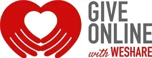 Heart-in-hands logo with “GIVE ONLINE” and “with WE SHARE” text in red and gray