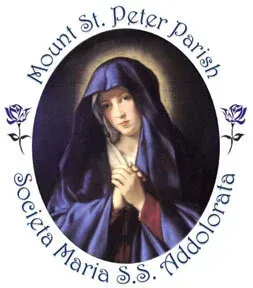 Logo of Mount St. Peter Parish and Societa Maria S.S. Addolorata with a crowned Virgin Mary illustration