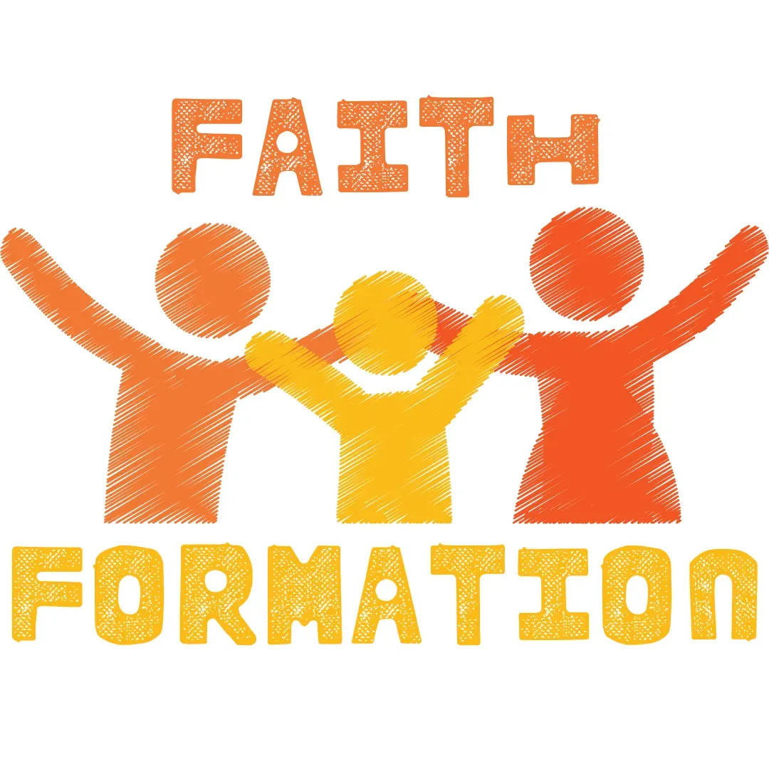 Three stylized figures in orange and yellow with arms raised, above the words “FAITH FORMATION”