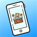 White smartphone displaying a dating app screen with a cartoon couple and pink heart icon