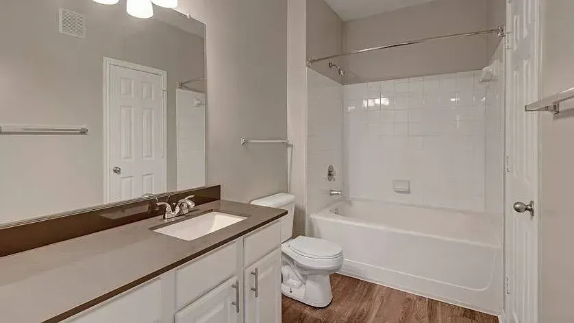 Modern bathroom with a vanity, sink, toilet, and bathtub with shower at Woodland Pointe in Nashville, TN.