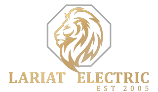 Gold lion head logo inside a grey octagon above the gold text "LARIAT ELECTRIC EST 2005" on a white background.