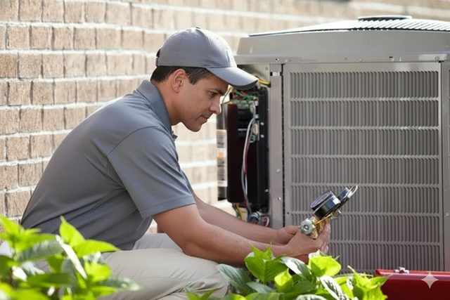 HVAC technician kneeling, inspecting an air conditioning unit outside near a brick wall.
