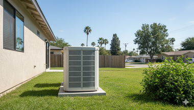 Air conditioner unit on a concrete pad in a grassy backyard. Beige house in background.