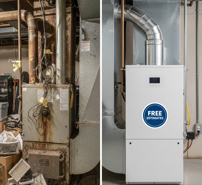 Before and after of a furnace. Old unit is rusty, new unit is white with a