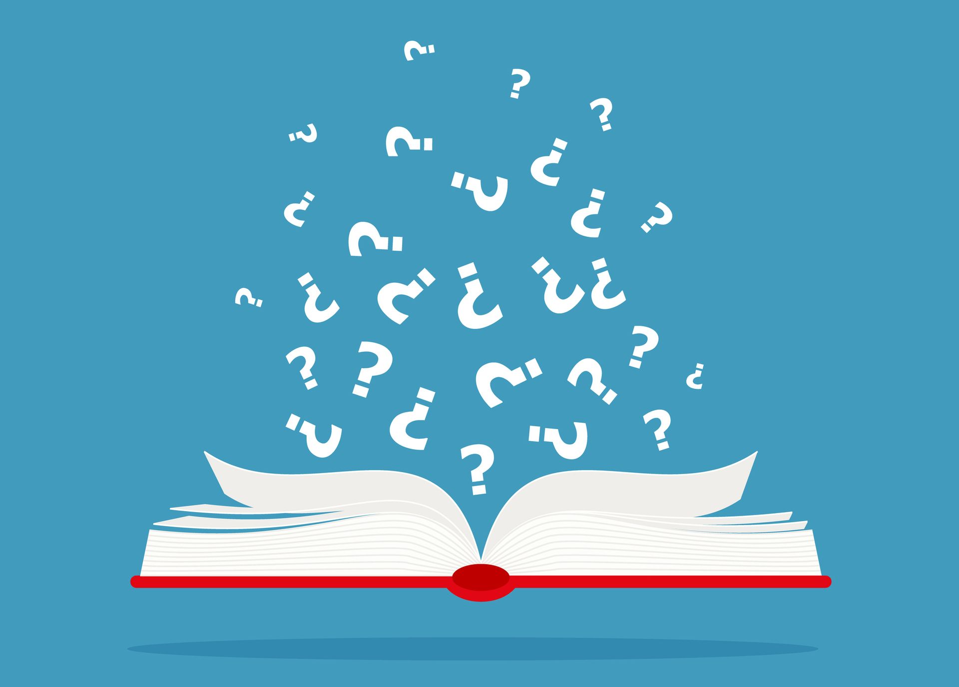Een illustratie van een opengeslagen boek in een blauwe achtergrond waaruit witte vraagtekens opstijgen vanwege het ambtelijke taalgebruik.