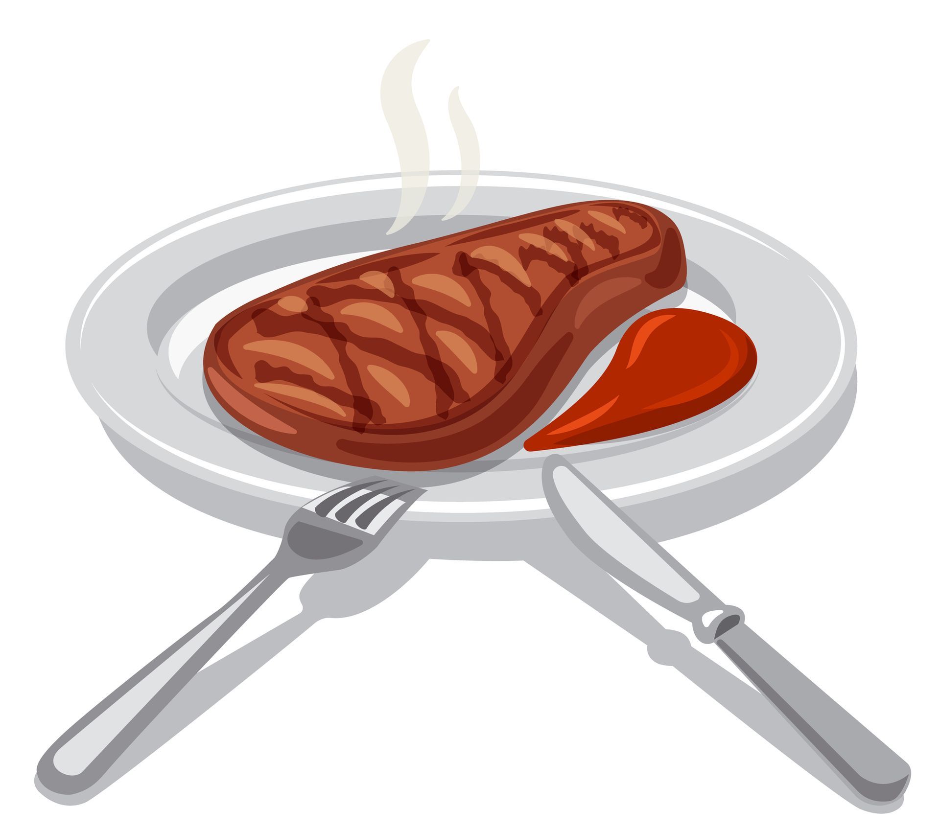 Illustratie van een bord met daarop biefstuk met saus ter illustratie van bijvoeglijke naamwoorden. 