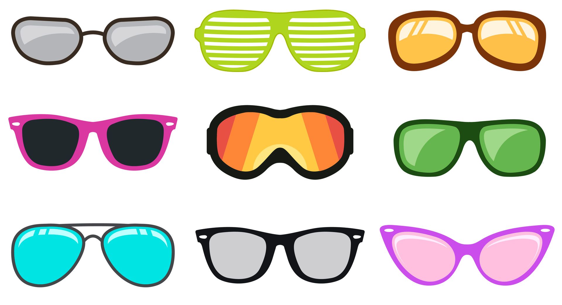 Illustratie van negen uiteenlopende brillen die verschillen van kleur en vorm.