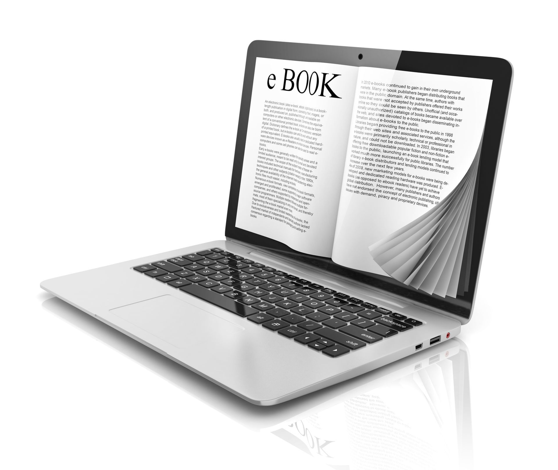 Illustratie van een boek op een computerscherm ter illustratie van het fenomeen e-book.