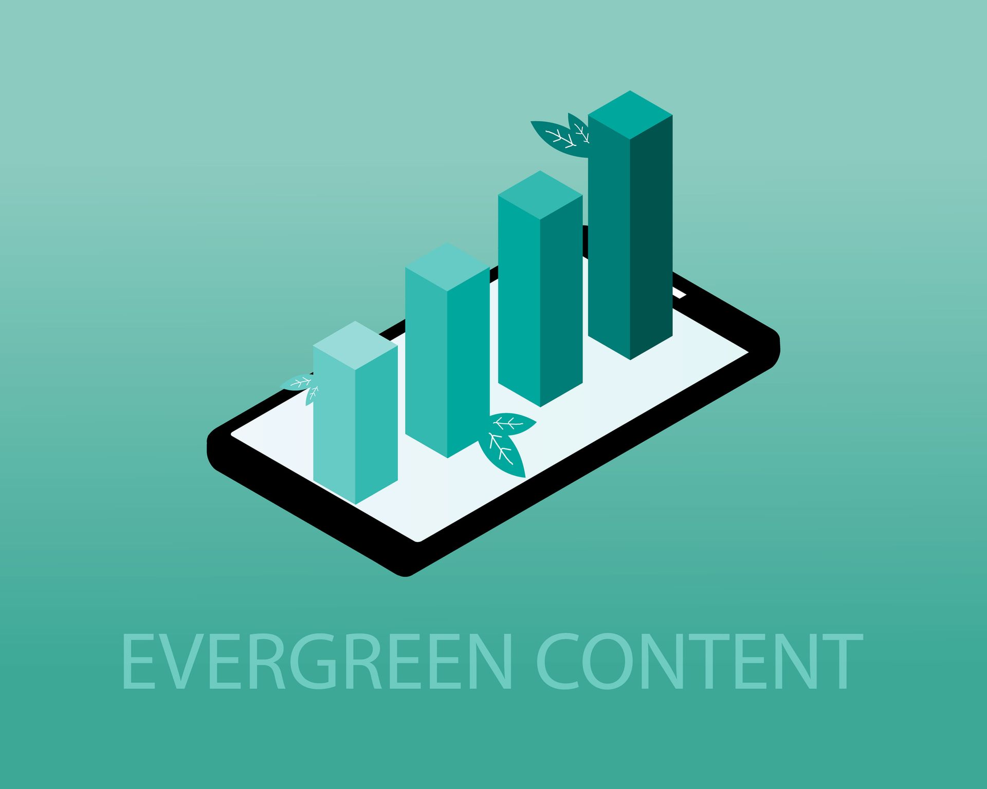 Illustratie van vier groen gekleurde grafiekstaven waaruit groene blaadjes groeien die op het scherm van een mobiele telefoon staan, ter illustratie van een blogpost over evergreen content. 