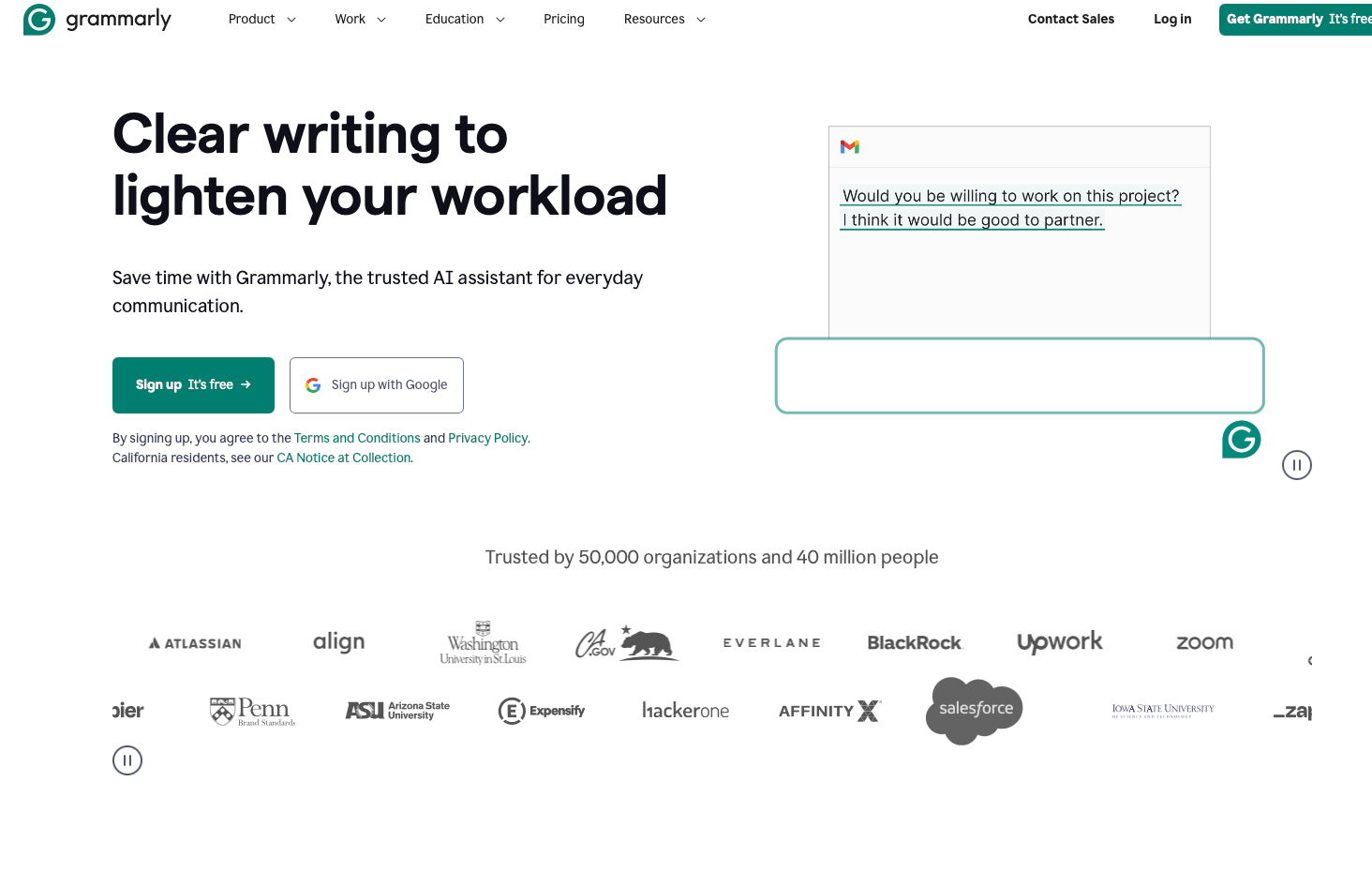 De homepage van de website van Grammarly.