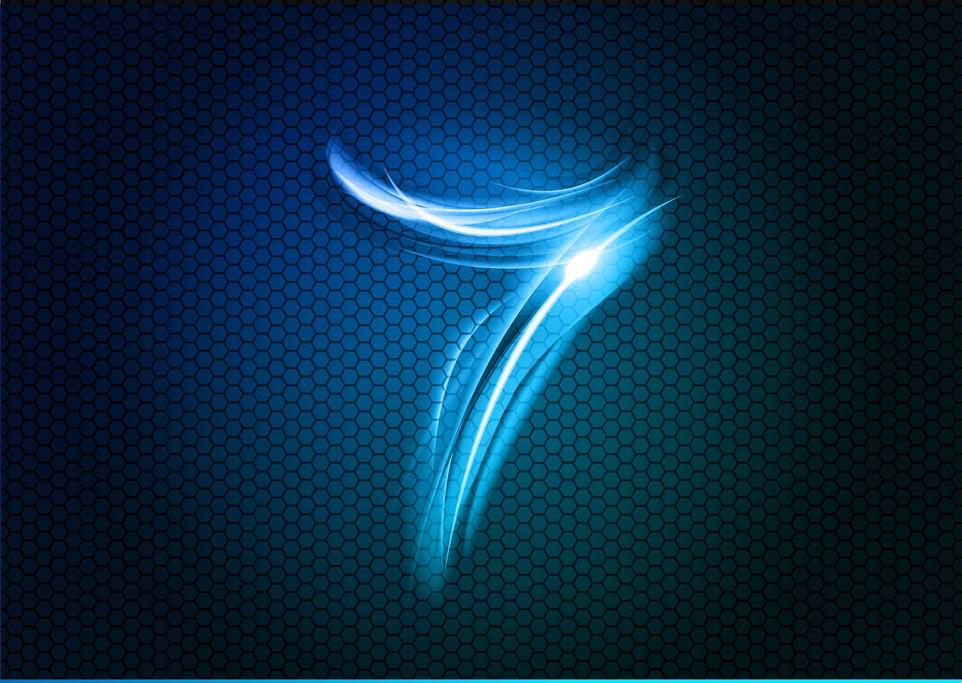het oneven getal zeven in een blauwe, lichtgevende kleur op een donkerblauwe achtergrond  bestaande uit honingraatvormen.