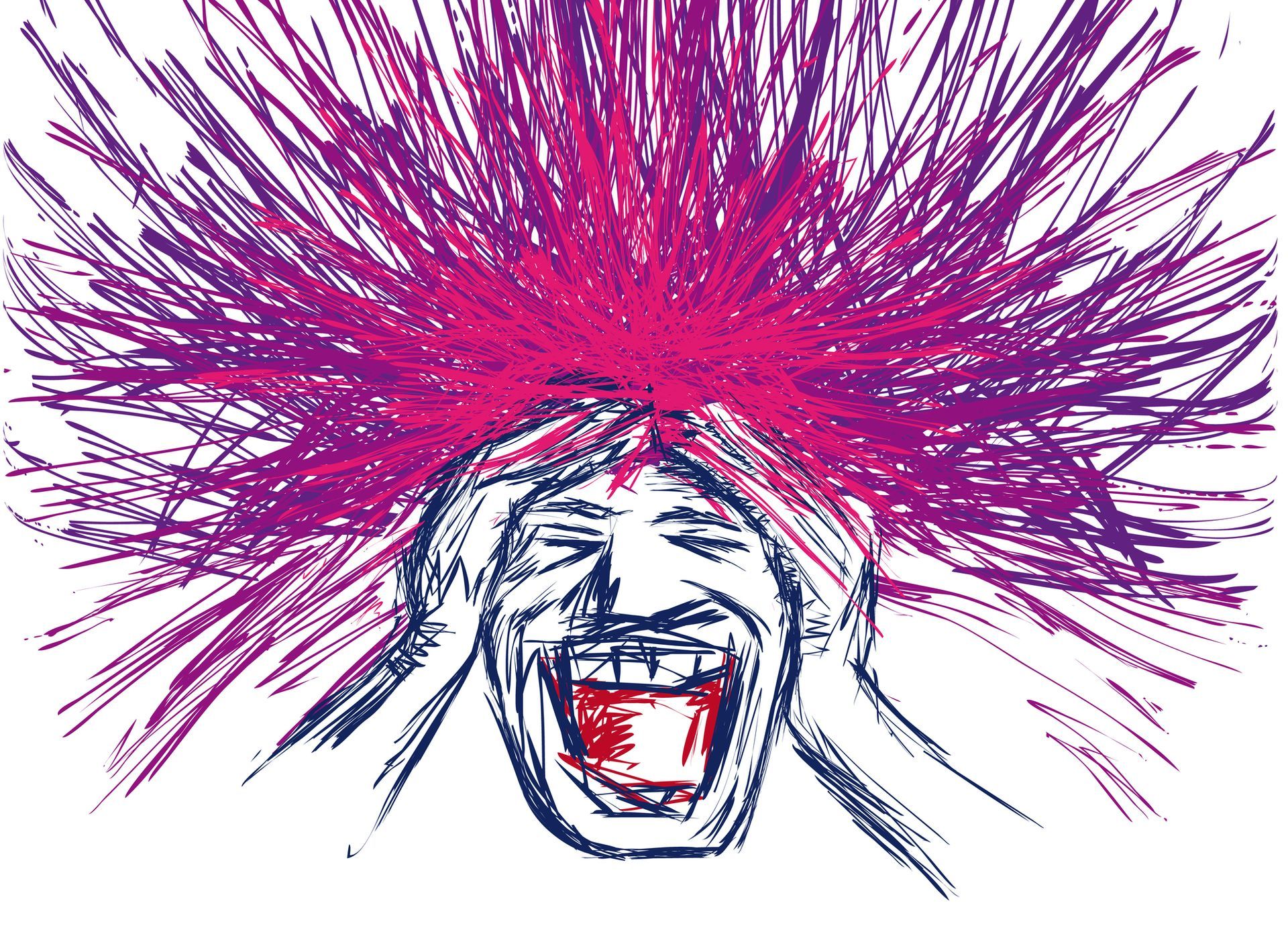 Illustratie van een man die zijn hoofd vasthoudt terwijl er paarse energie uit zijn hoofd opstijgt.