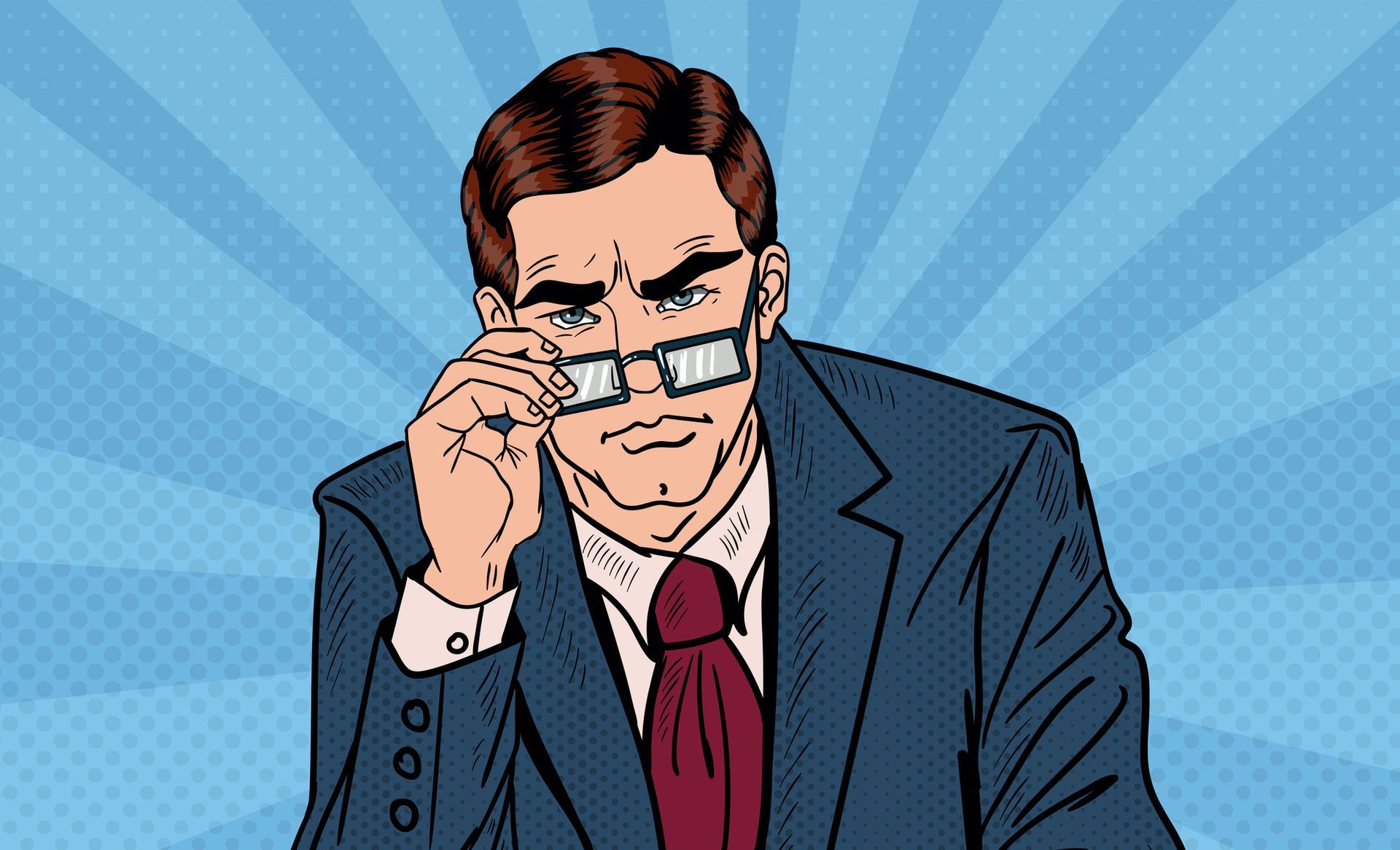 Popart-illustratie van een geïnteresseerd kijkende man die zijn bril vasthoudt. 