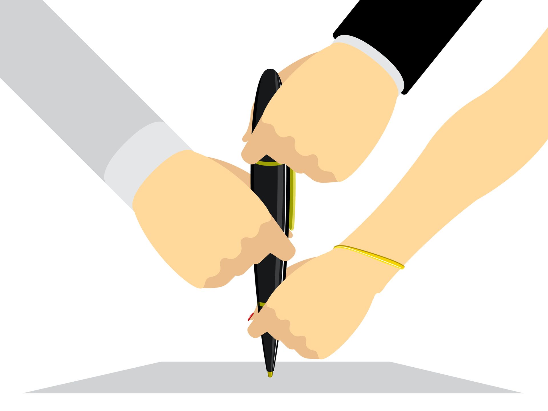 Drie handen houden een vulpen vast ter illustratie dat één pen verschillende schrijfstijlen kan produceren.