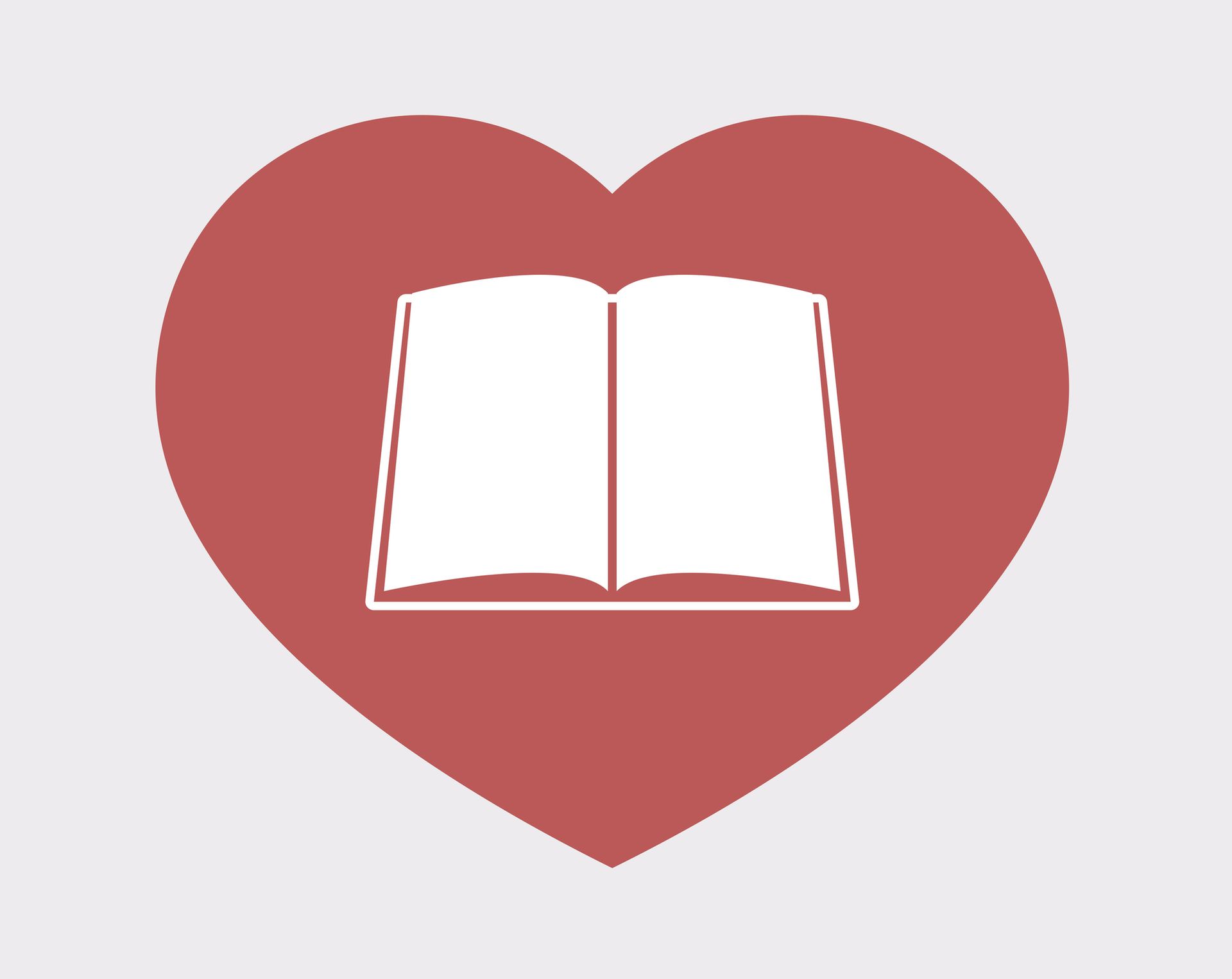 Illustratie van een rood hart met in het midden opengeslagen boek ter illustratie van liefde voor literatuur.