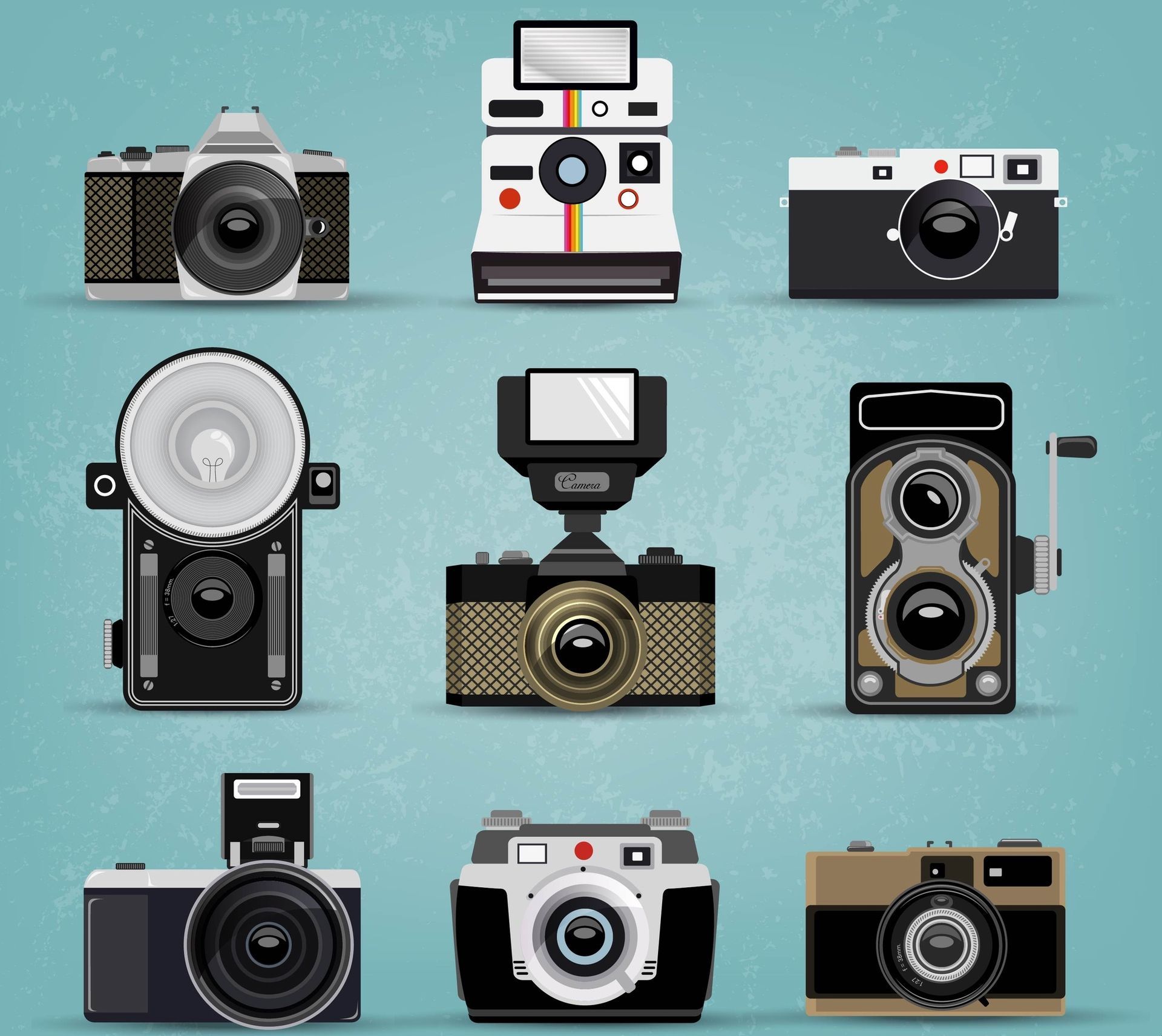 Illustratie van negen vintage fotocamer's bij een blogpost over waarom betaalde stockfotosites een goede keuze zijn.