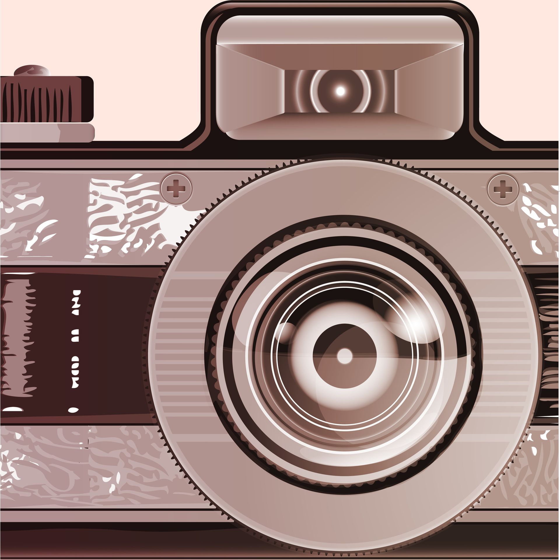 Illustratie van fototoestel in sepia-tinten bij blog over stockfoto's en rechtenvrije afbeeldingen.