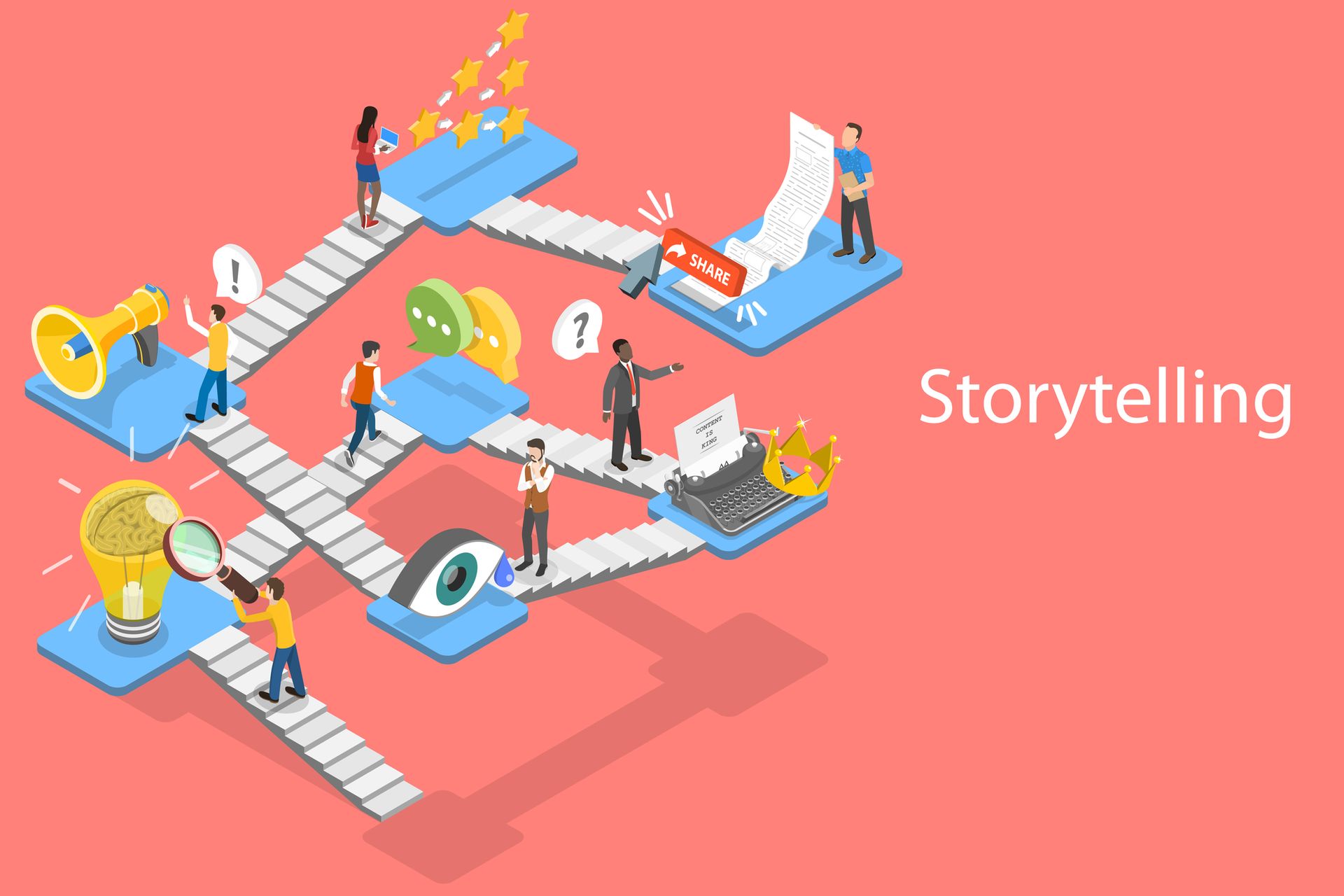 Illustratie van mensen op een trap naar boven bij storytelling op de website van je bedrijf. 