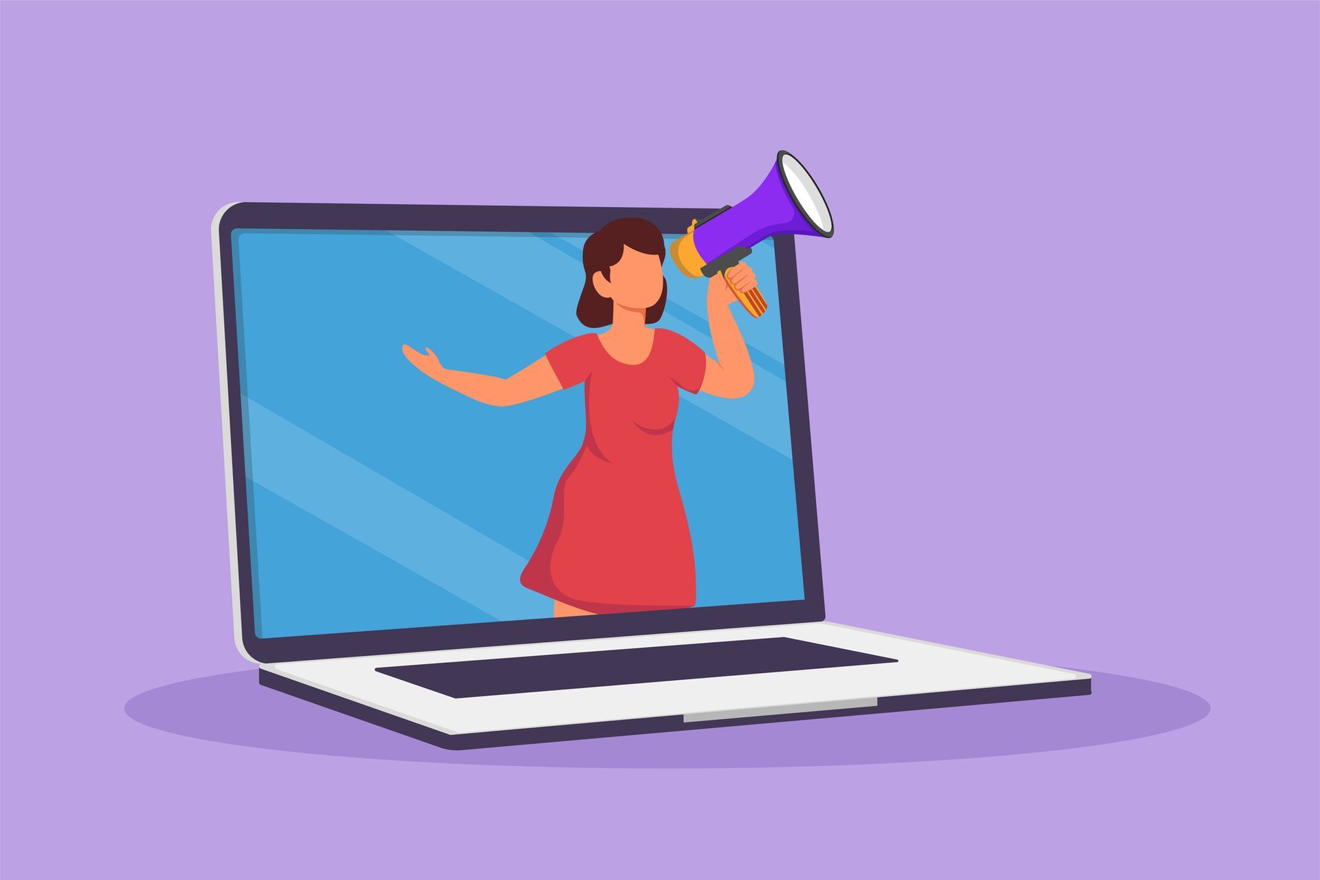 Illustratie van een vrouw die door een megafoon schreeuwt vanuit een laptopscherm