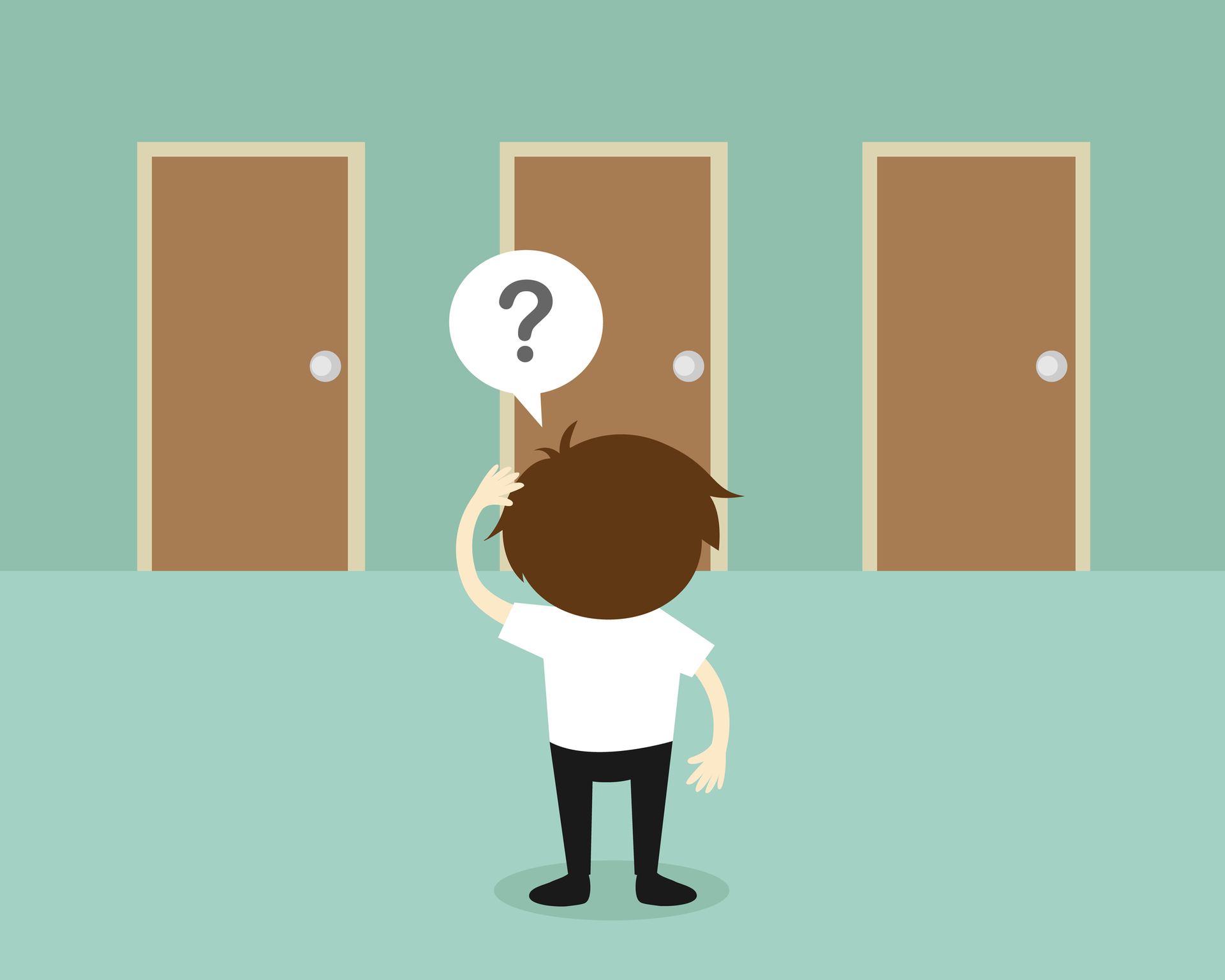 Illustratie van een man voor drie deuren met een vraagteken boven zijn hoofd ter illustratie van de noodzaak om te kiezen bij een post over woordkeuze.