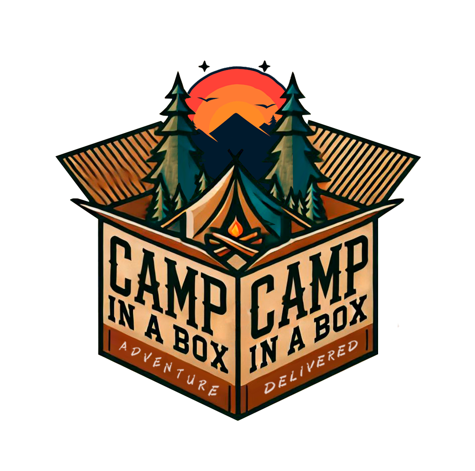 Camp in a Box logo featuring a tent, trees, and sunset in a cardboard box
