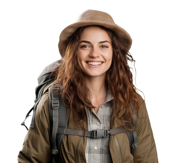 Smiling female backpacker ready for adventure with Camp in a Box camping gear rental