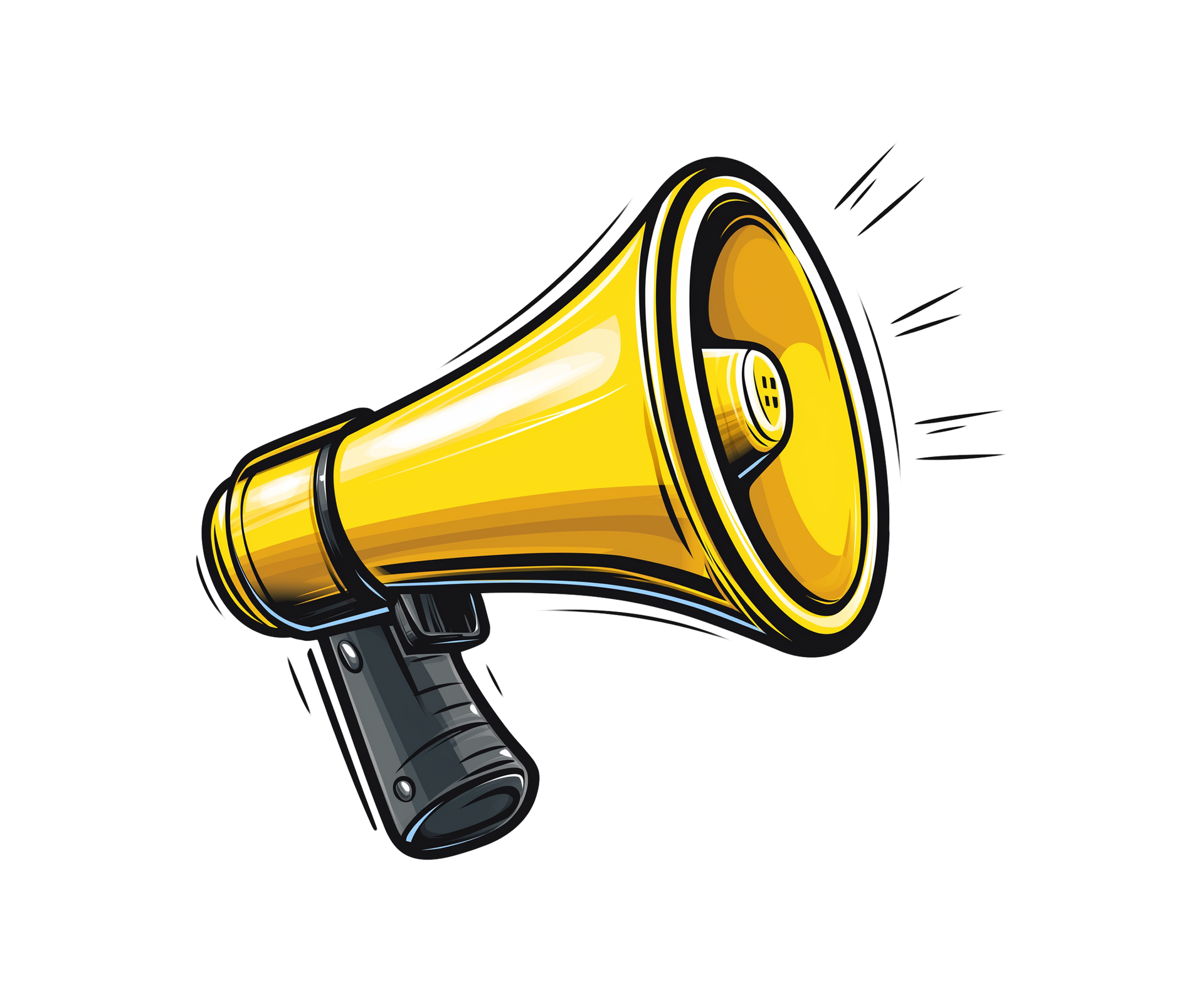 Illustration of a yellow megaphone emitting sound lines, symbolizing an announcement or exciting news!