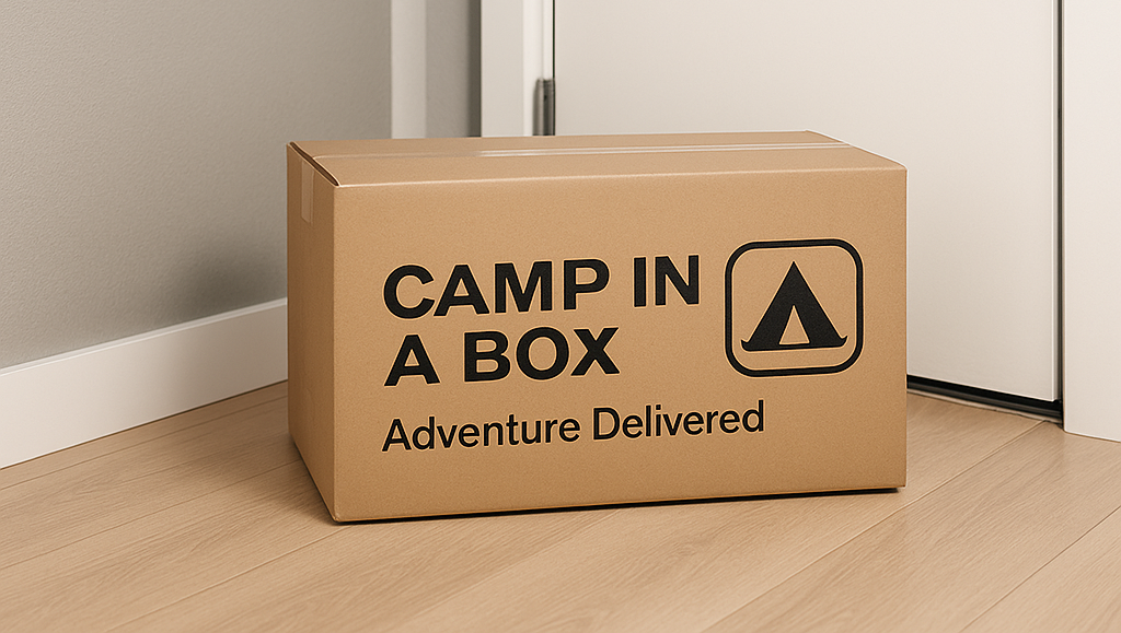 Camp in a Box rental package delivered to a home—easy camping gear solution for first-time and casual adventurers.