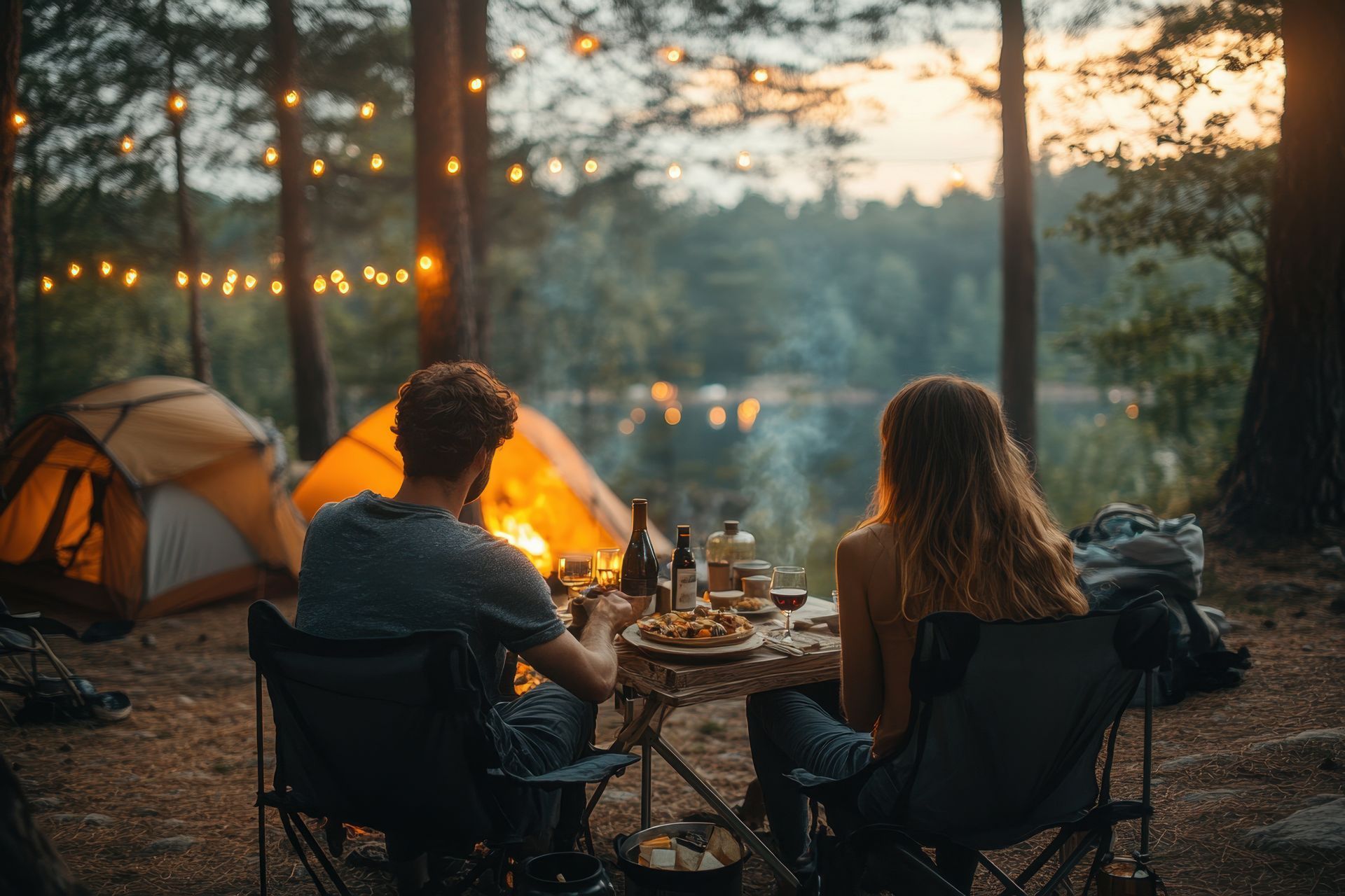 Couple camping at sunset with tents, cozy chairs, & lights, showing upgraded gear for a comfortable