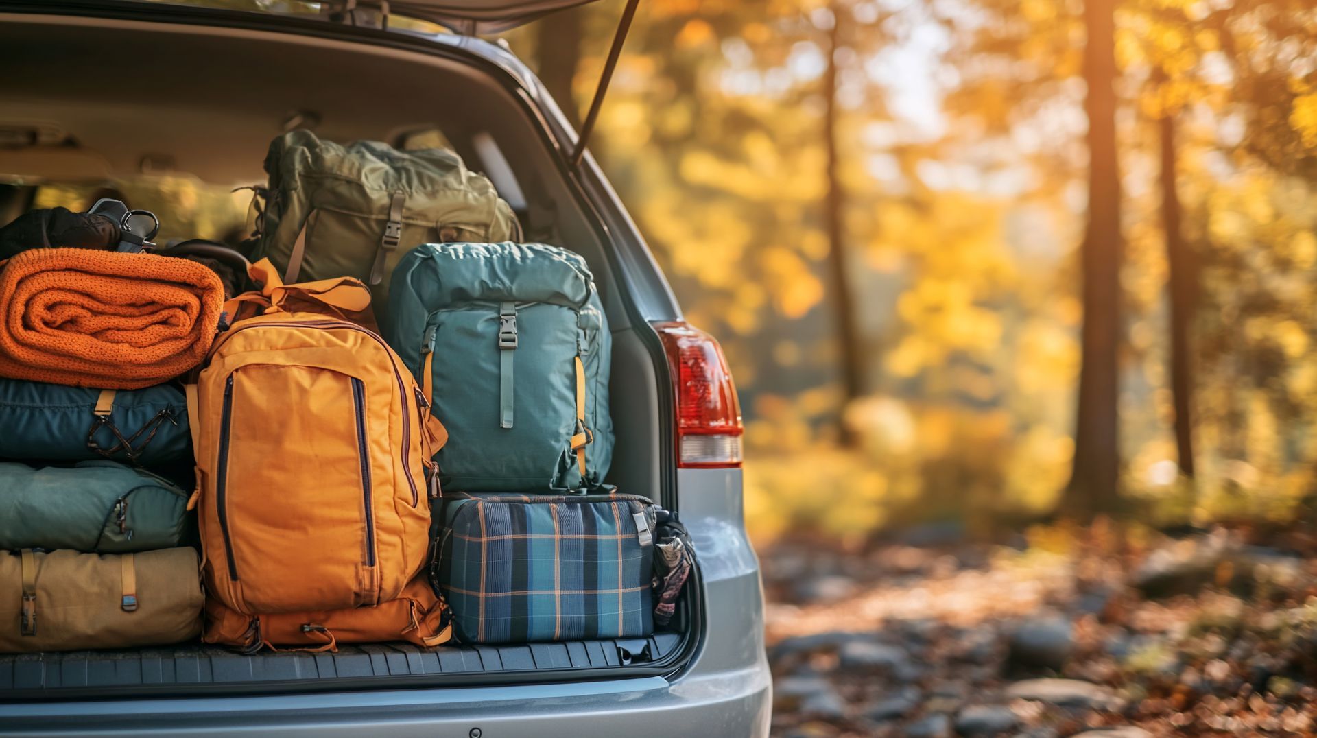 Camping gear neatly packed in an SUV trunk with a forest in the background, ready for a weekend outdoor adventure.