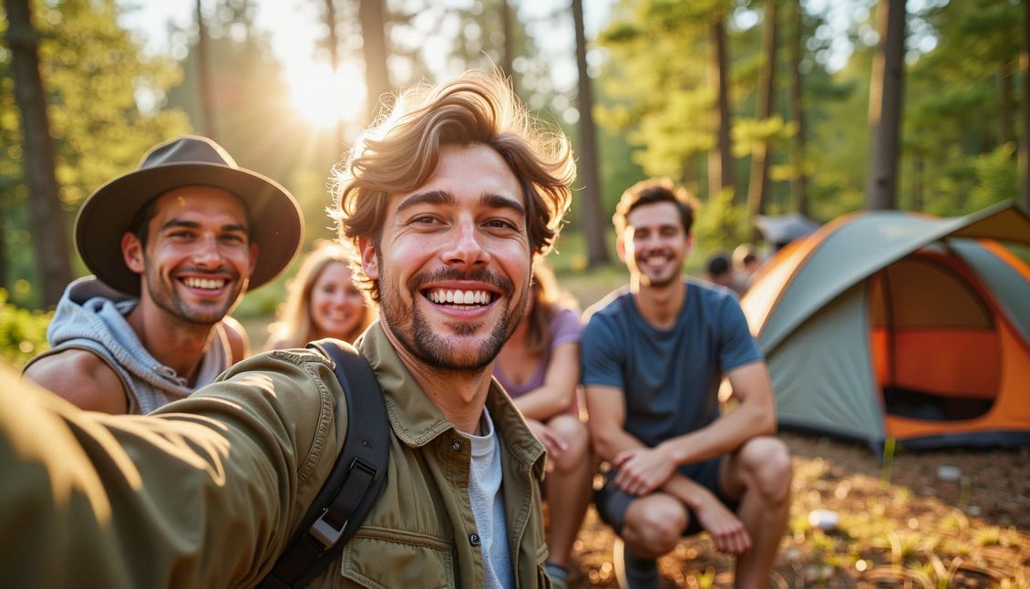 Camping with friends just got easier—rent your gear, skip the hassle. Group of friends smiling at a forest campsite with tents in the background, enjoying a camping trip together.