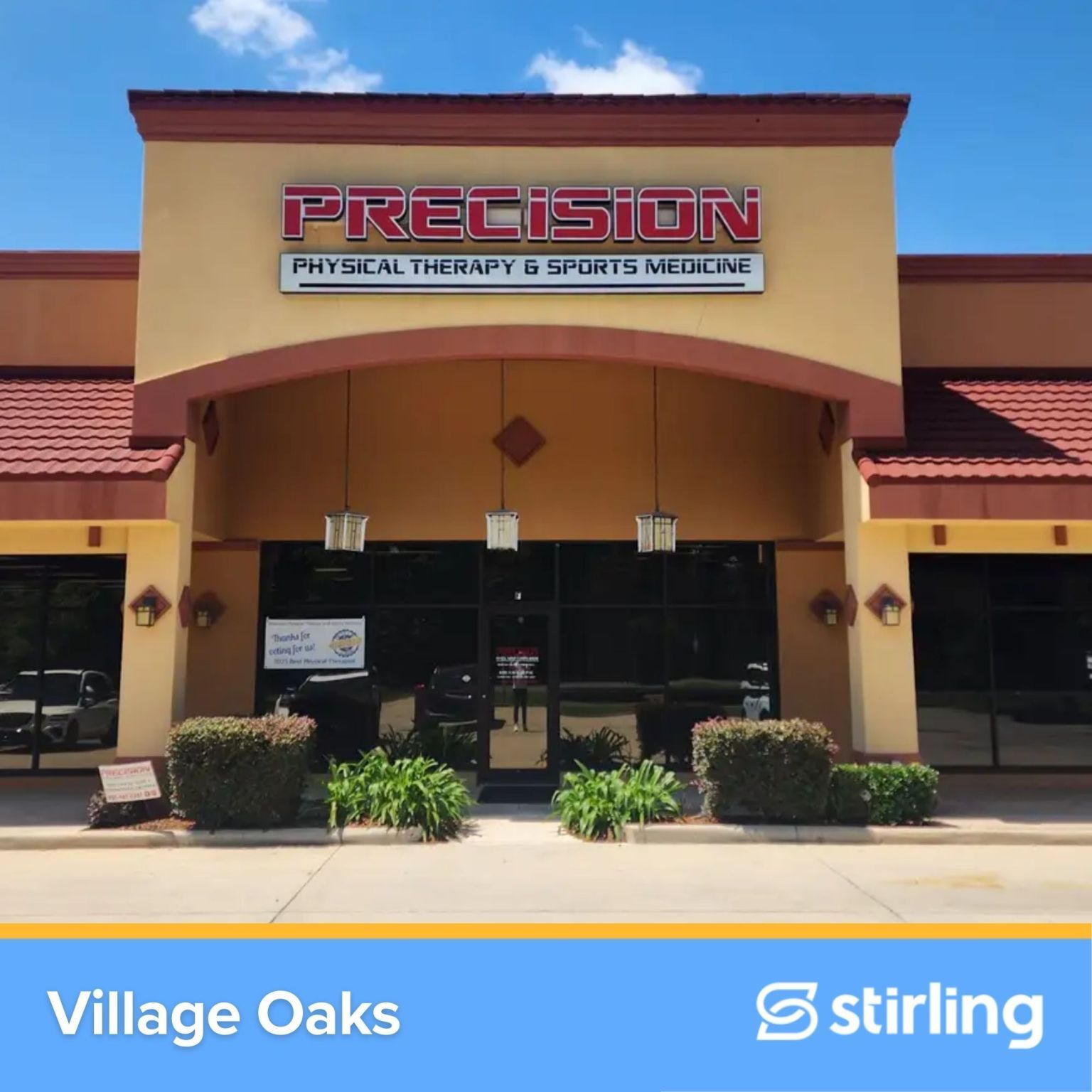 Exterior of Precision Physical Therapy in Village Oaks. Red and tan building with blue sky.