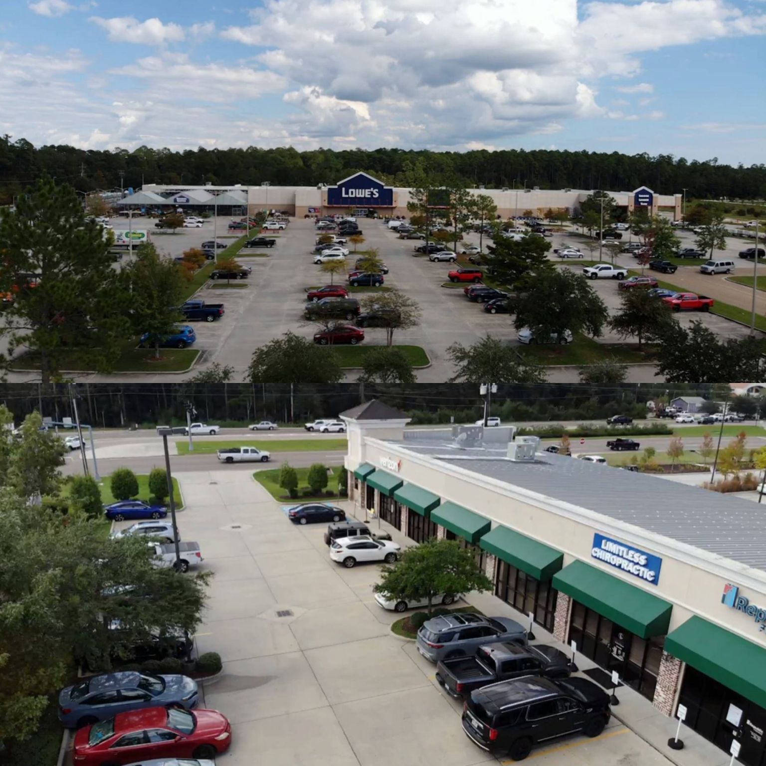 A wide shot of a Lowe's store and a strip mall in a parking lot under a cloudy sky.