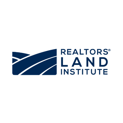 Blue and white logo for Realtors Land Institute: stylized landscape with text.