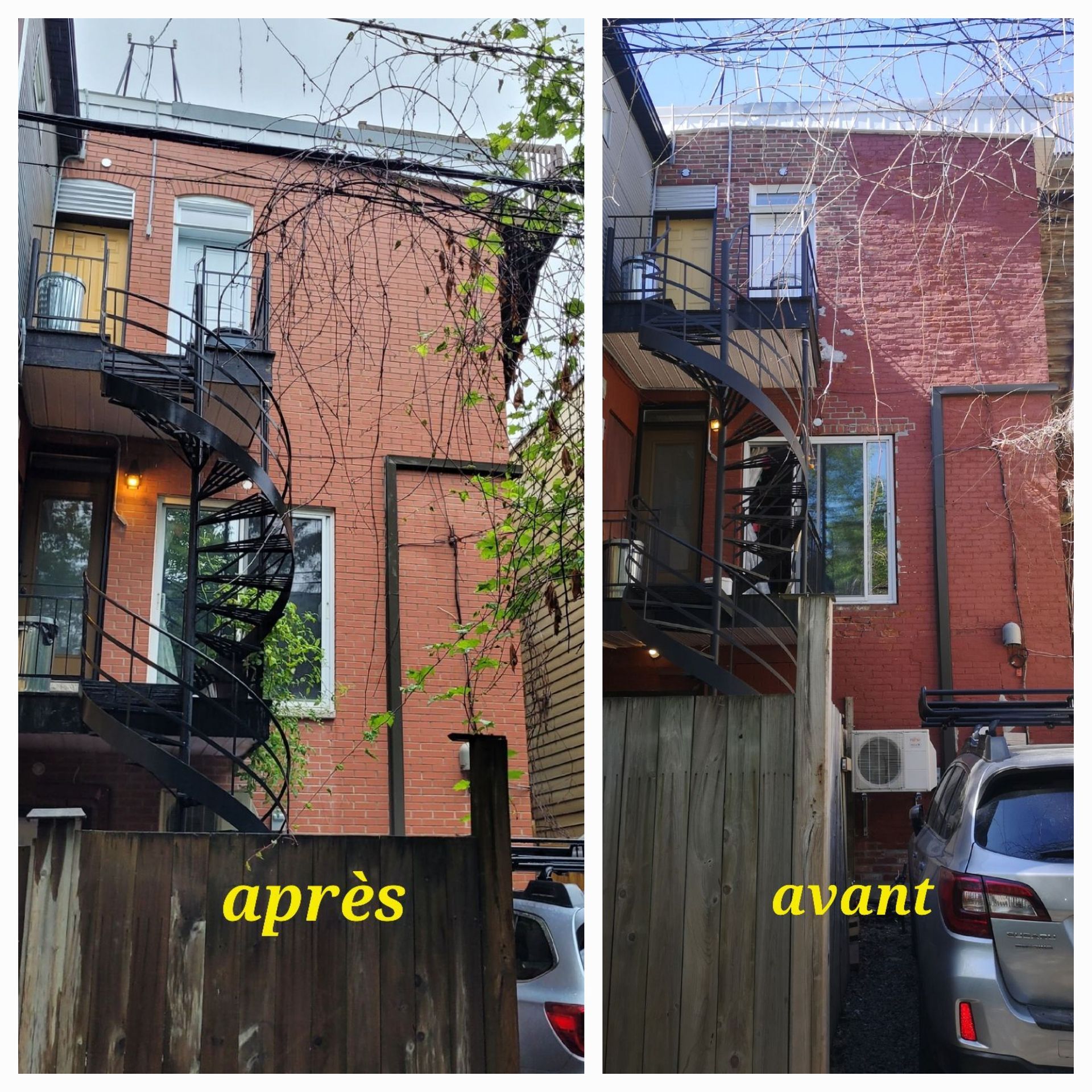 Une photo avant et après d'un bâtiment en briques